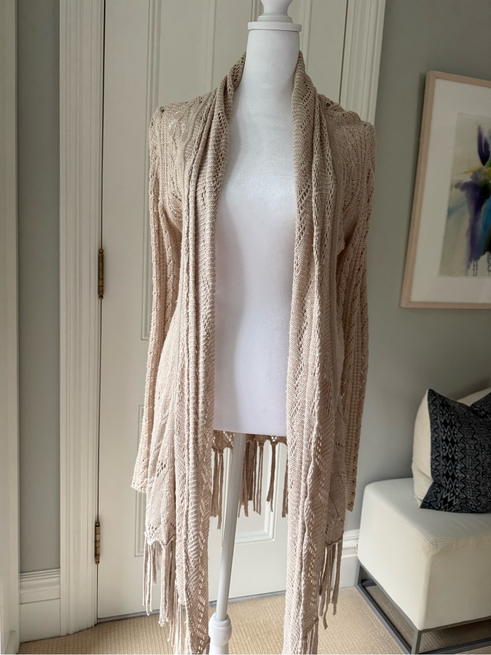 Fringed Open-Front Knit Cardigan Sweater in Beige